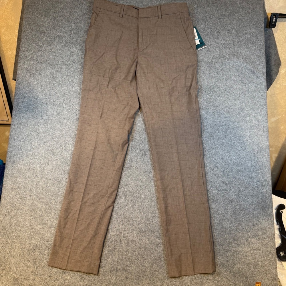 Perry Ellis Portfolio Essentials Slim Fit Tan Windowpane Dress Pants 31x32 NEW - Picture 5 of 10